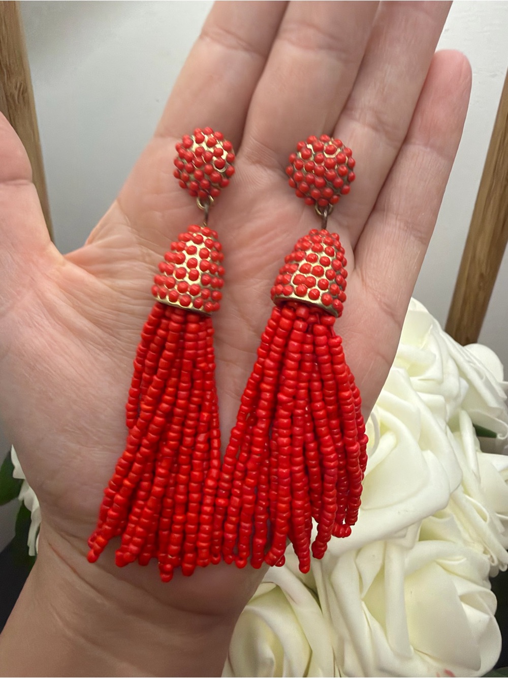 Red Beaded Tassel Drop Earrings - Brand Not Visible